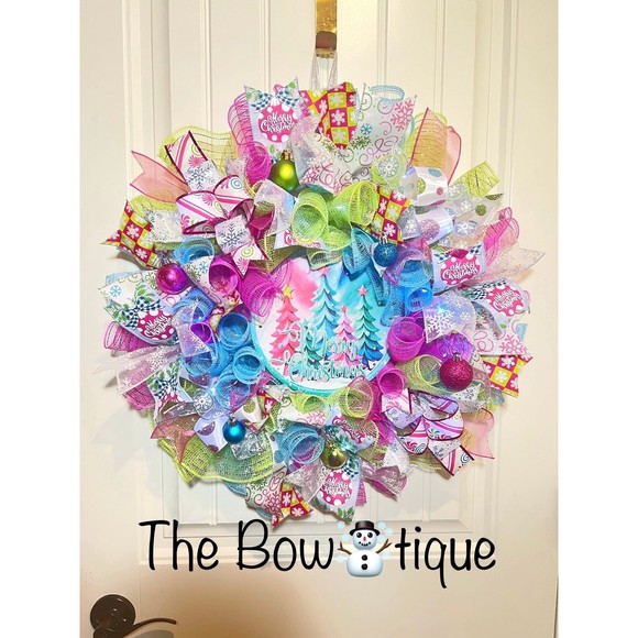 Handmade Bright Merry Christmas Holiday Ribbon Door Wreath 22 ins W52 Pink Blue - Picture 3 of 13